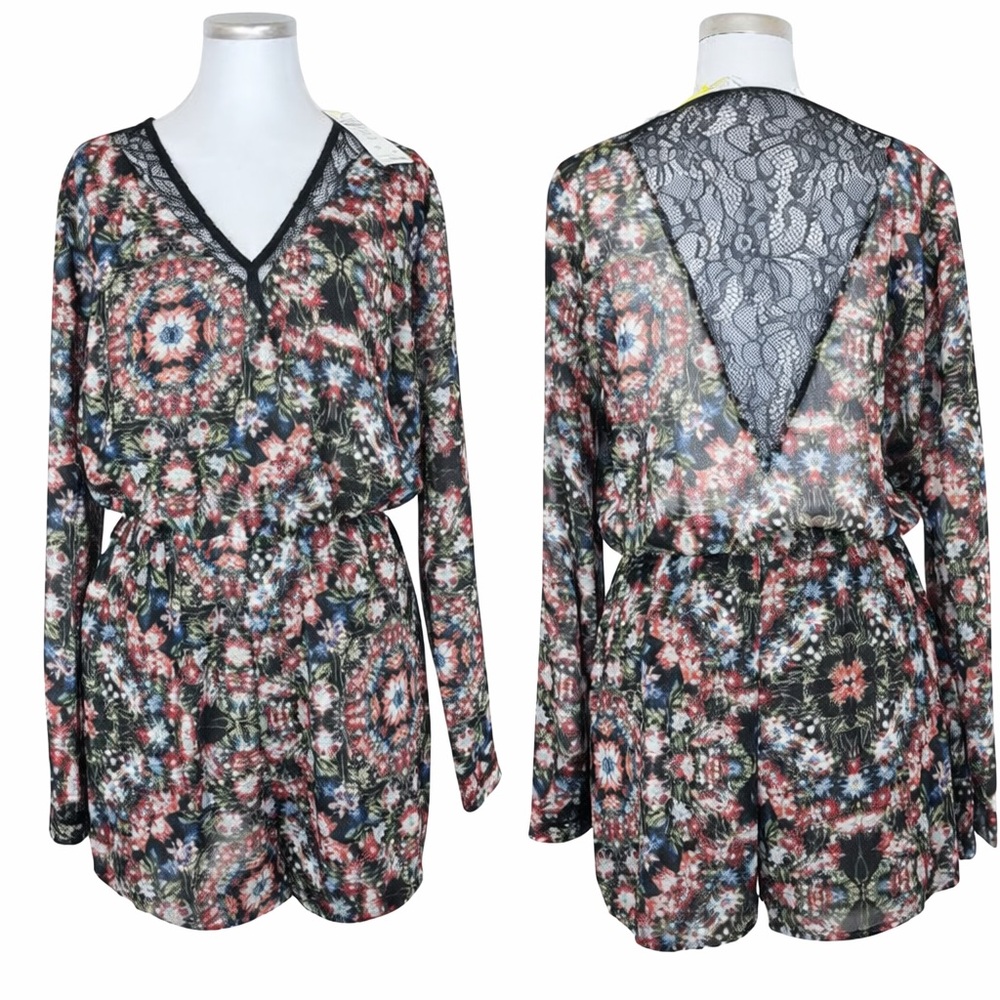 BCBGeneration Lace Back Floral Romper XS Boho Long Sleeve V Neck NEW